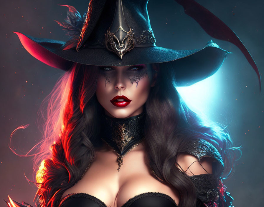 Mysterious woman in witch costume with wide-brimmed hat and red lips against mystical lights