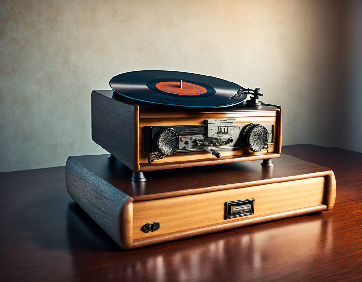 Classic Record Player on Wooden Stand with Spinning Vinyl and Radio Tuner