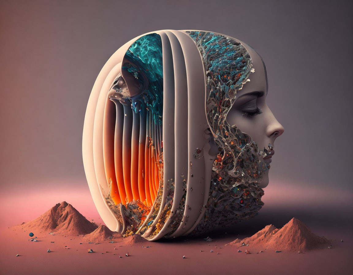 Layered surreal artwork: woman's profile with landscapes, water, and floral patterns in cross-section