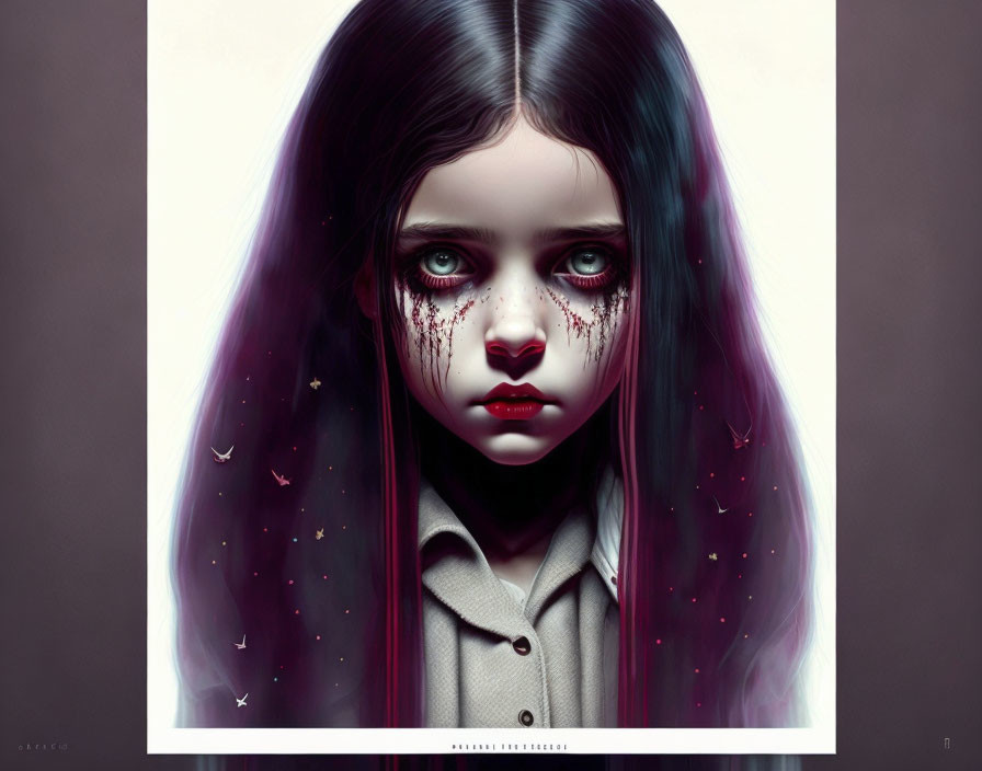 Dark-haired girl with purple streaks and mystical aura in digital artwork