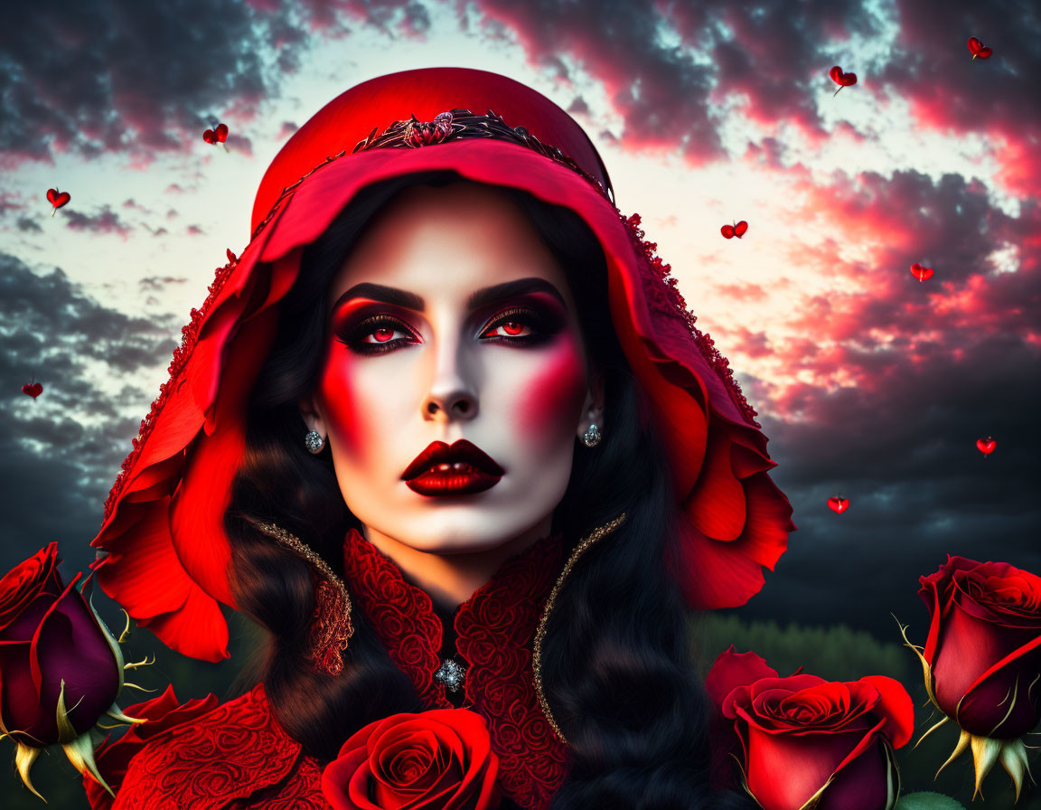 Woman with red makeup and hat in surreal sky with hearts and roses