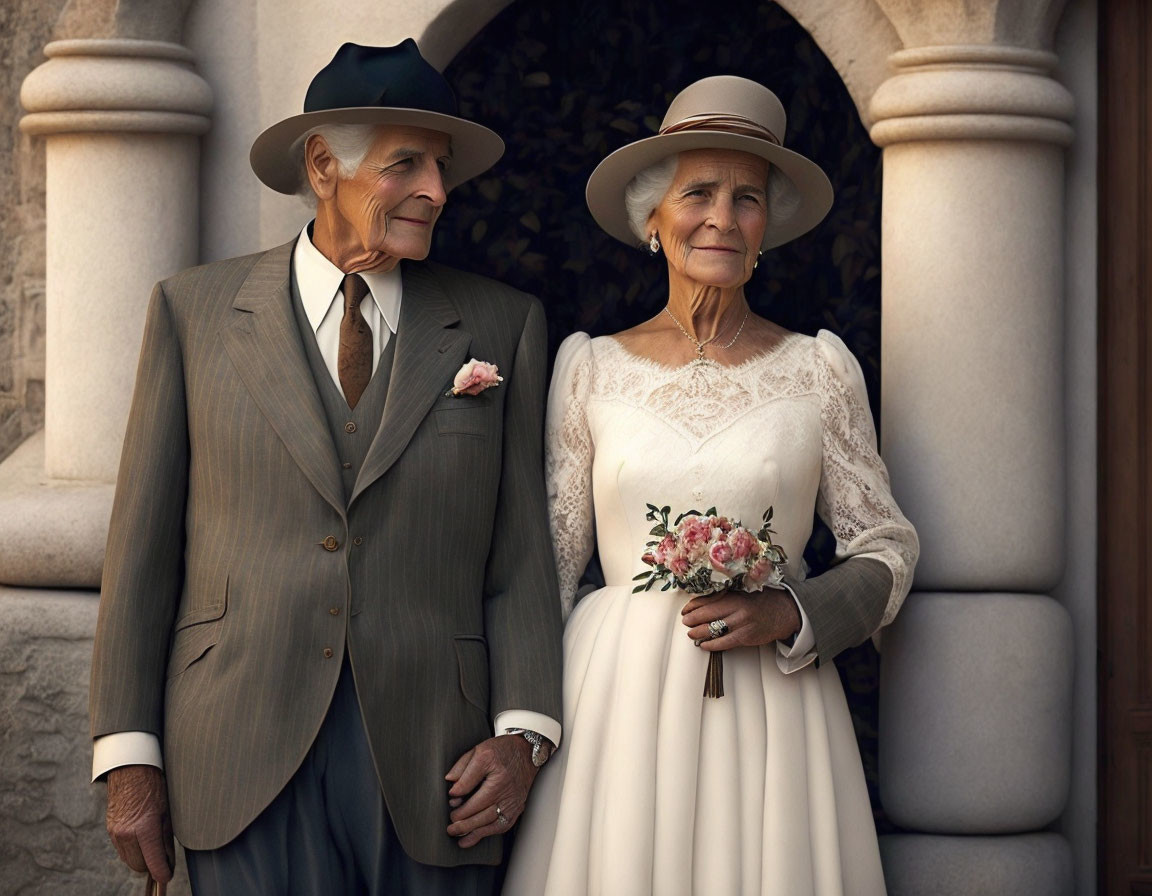 Elderly couple in wedding attire, man in gray suit, woman in white dress, standing arm