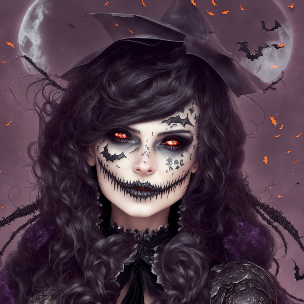 Detailed Dia de los Muertos-inspired portrait with red eyes, witch's hat, bats, and cres