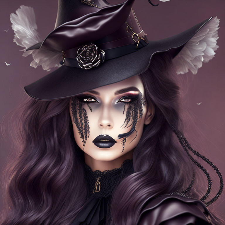 Digital artwork: Woman in wide-brimmed hat with rose, feathers, and lace gloves