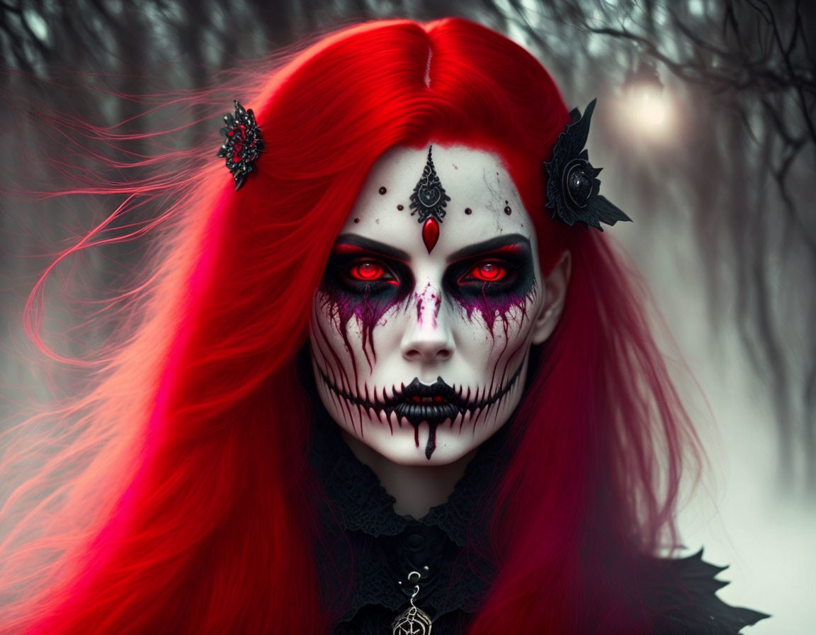 Vibrant red hair and Gothic makeup in misty forest scene