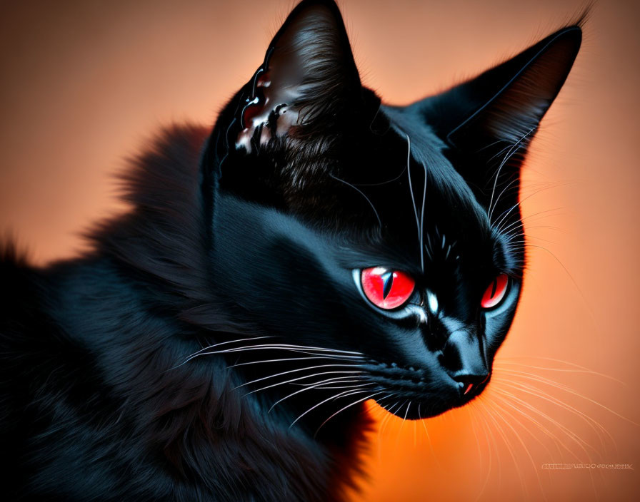 Black Cat with Red Eyes on Orange Background