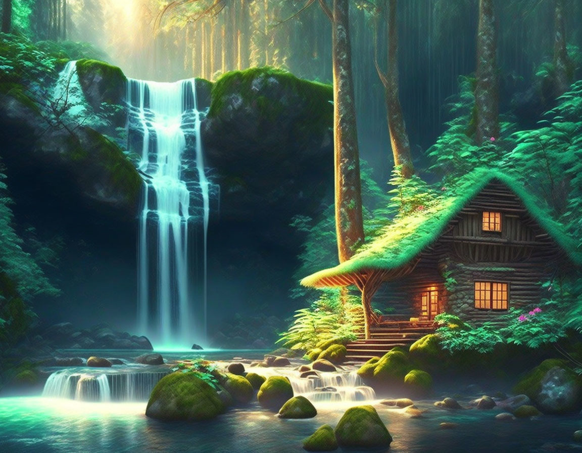 Tranquil waterfall in lush forest with cozy cabin