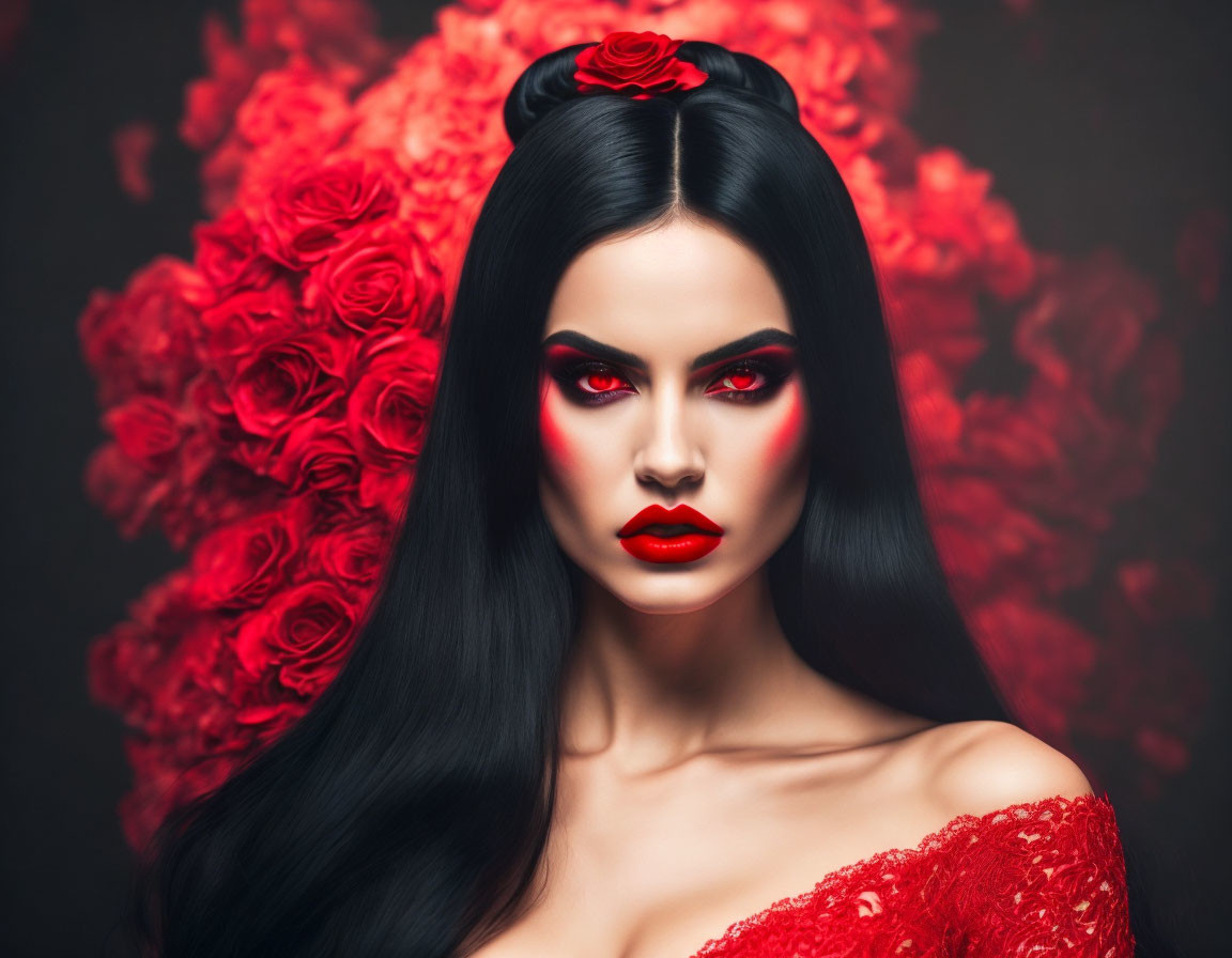 Woman with red makeup and rose in hair against dark rose backdrop