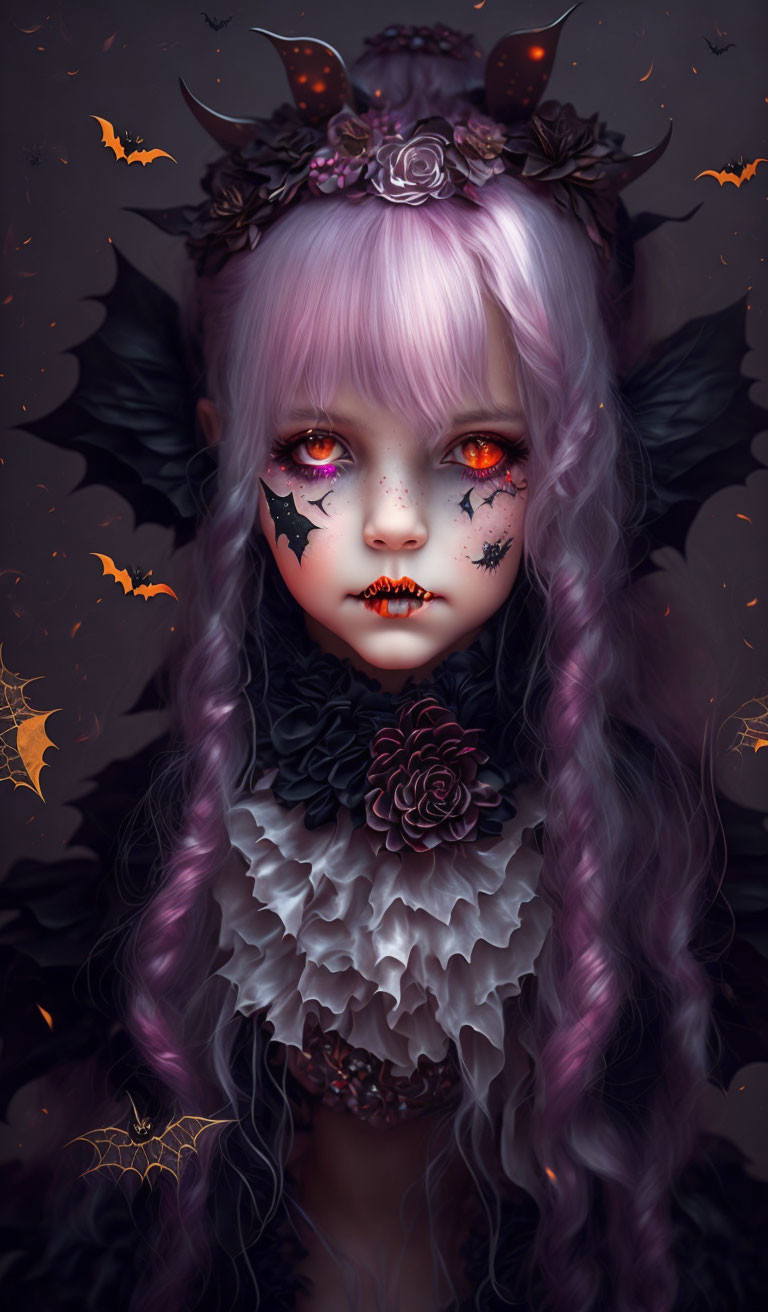 Gothic fantasy illustration of girl with lilac hair and dark bat wings