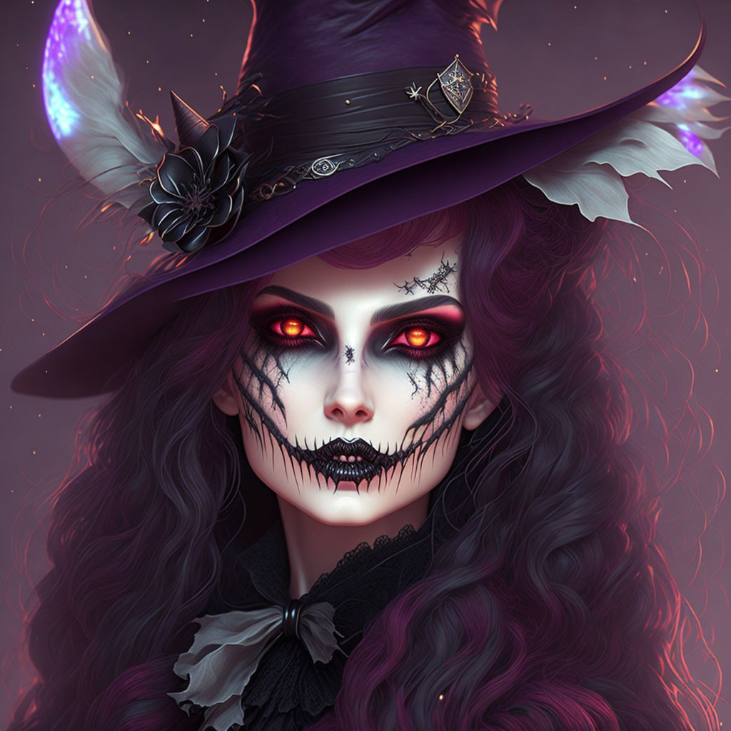 Female portrait with red eyes, skull makeup, purple witch hat