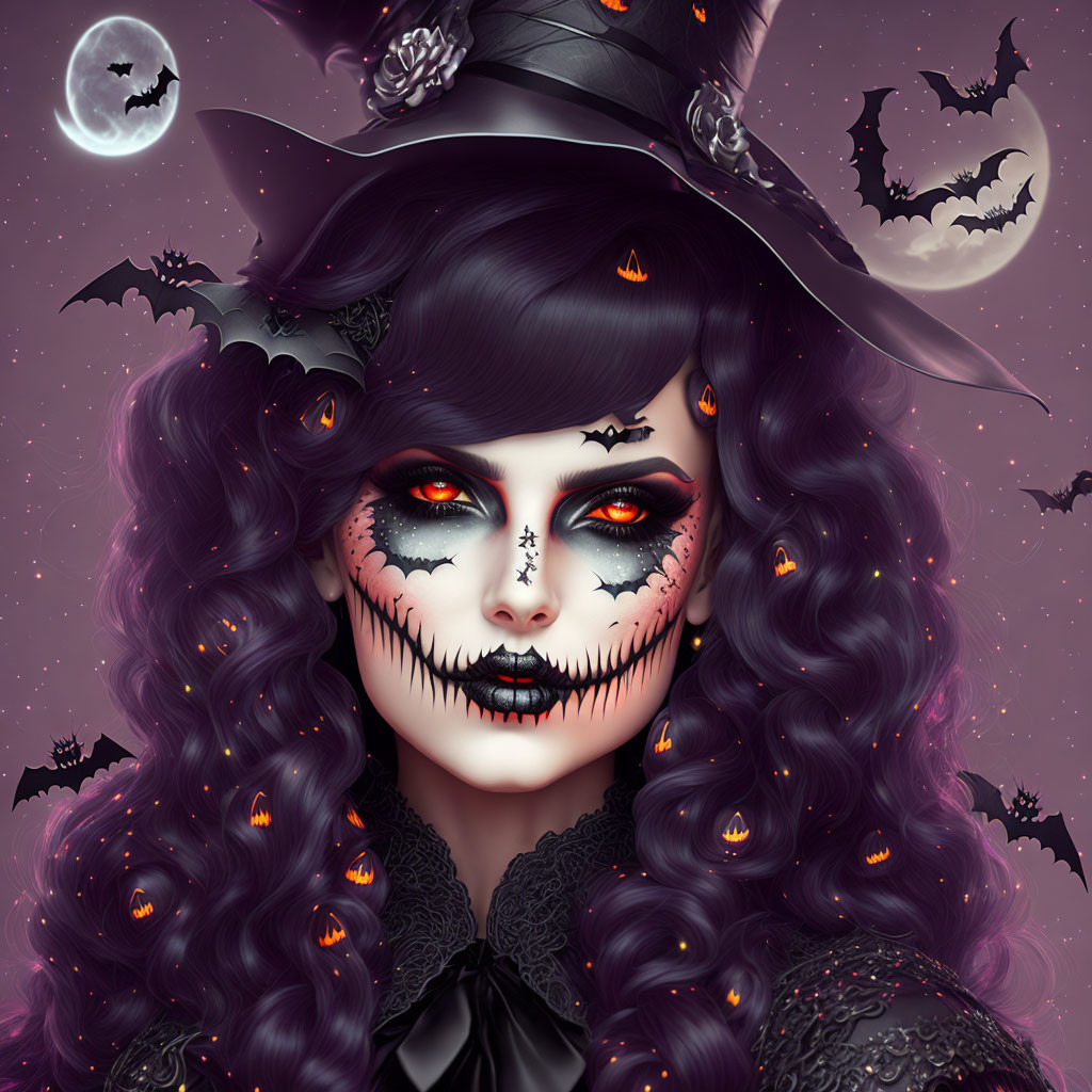 Woman with Halloween makeup in witch hat under moonlit sky.