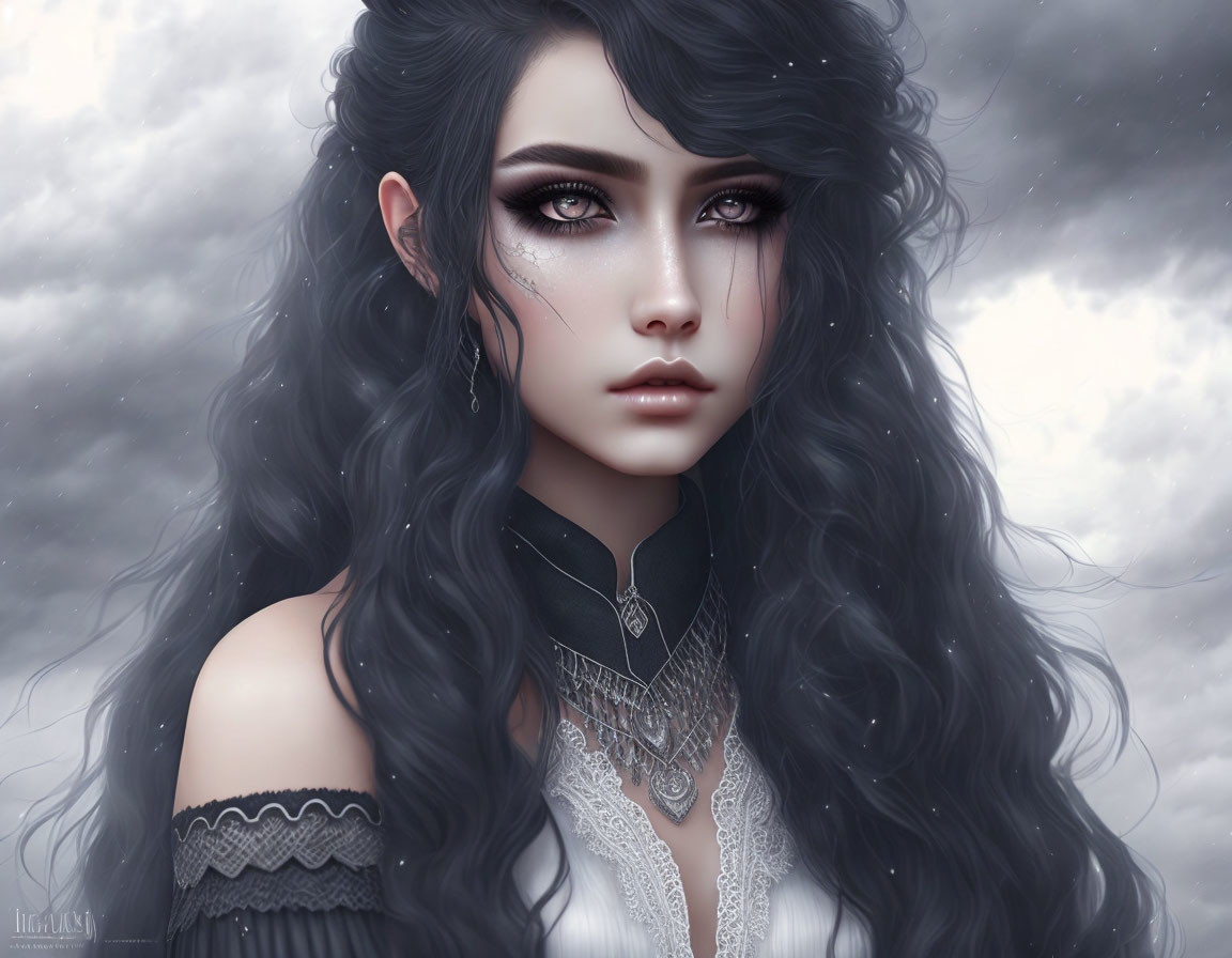 Digital artwork featuring woman with green eyes, curly hair, and facial markings under cloudy sky