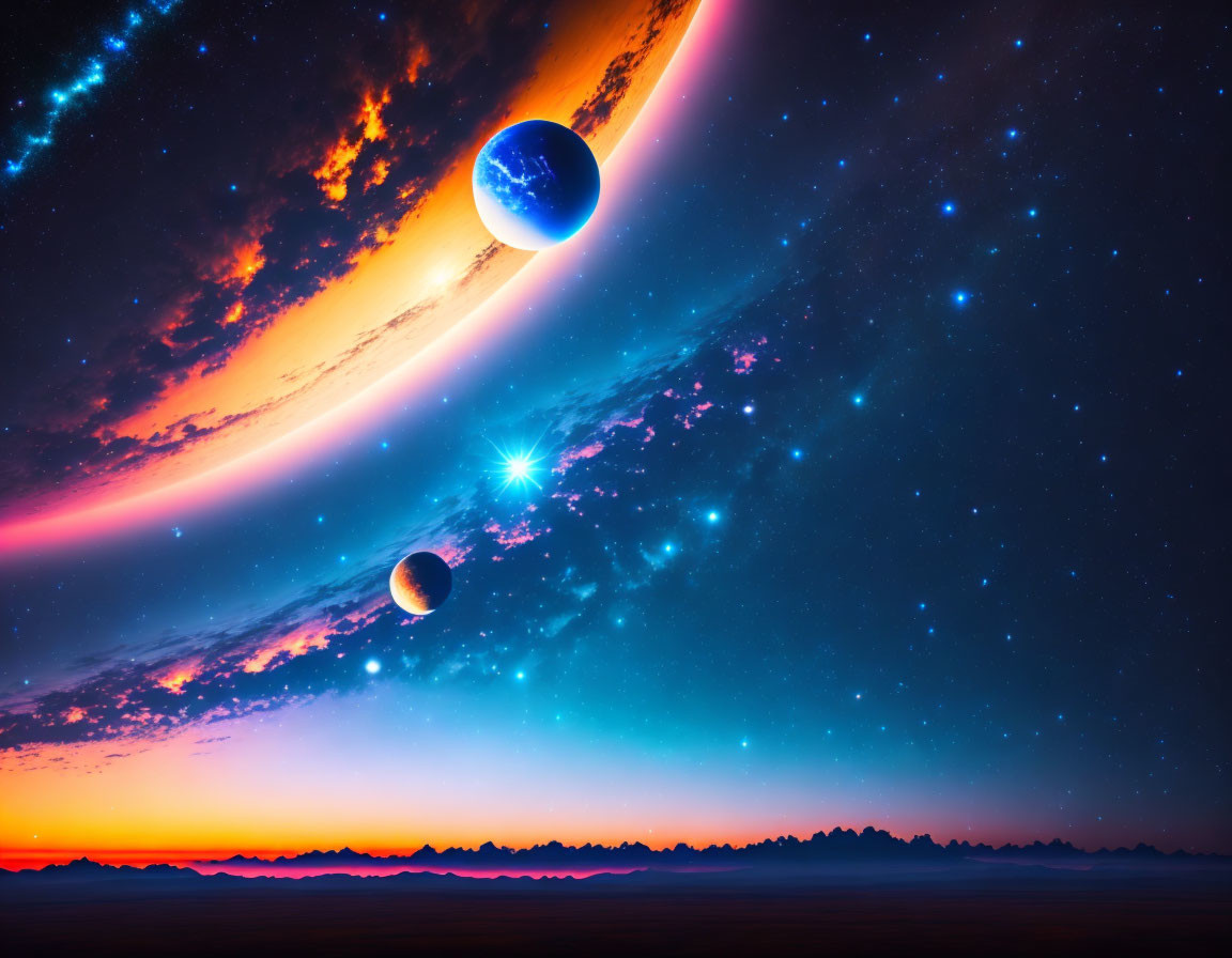 Colorful space scene with planets, glowing star, cosmic clouds, and vibrant horizon.