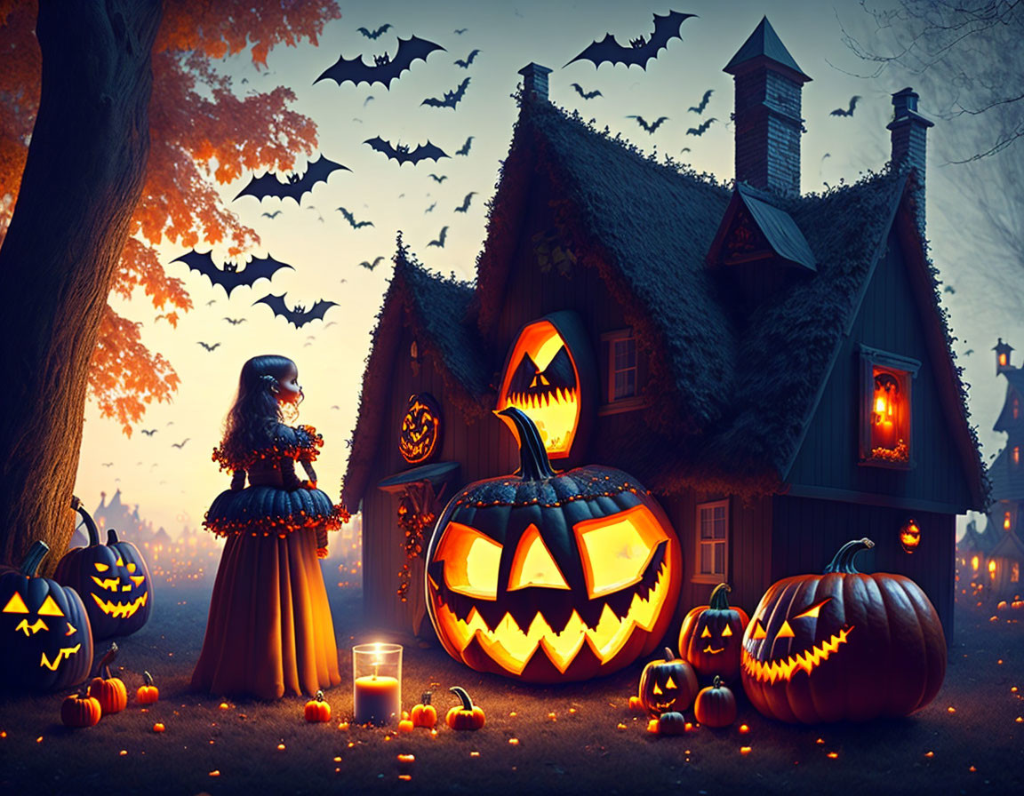 Child in costume near carved pumpkins in twilight Halloween scene with bats.