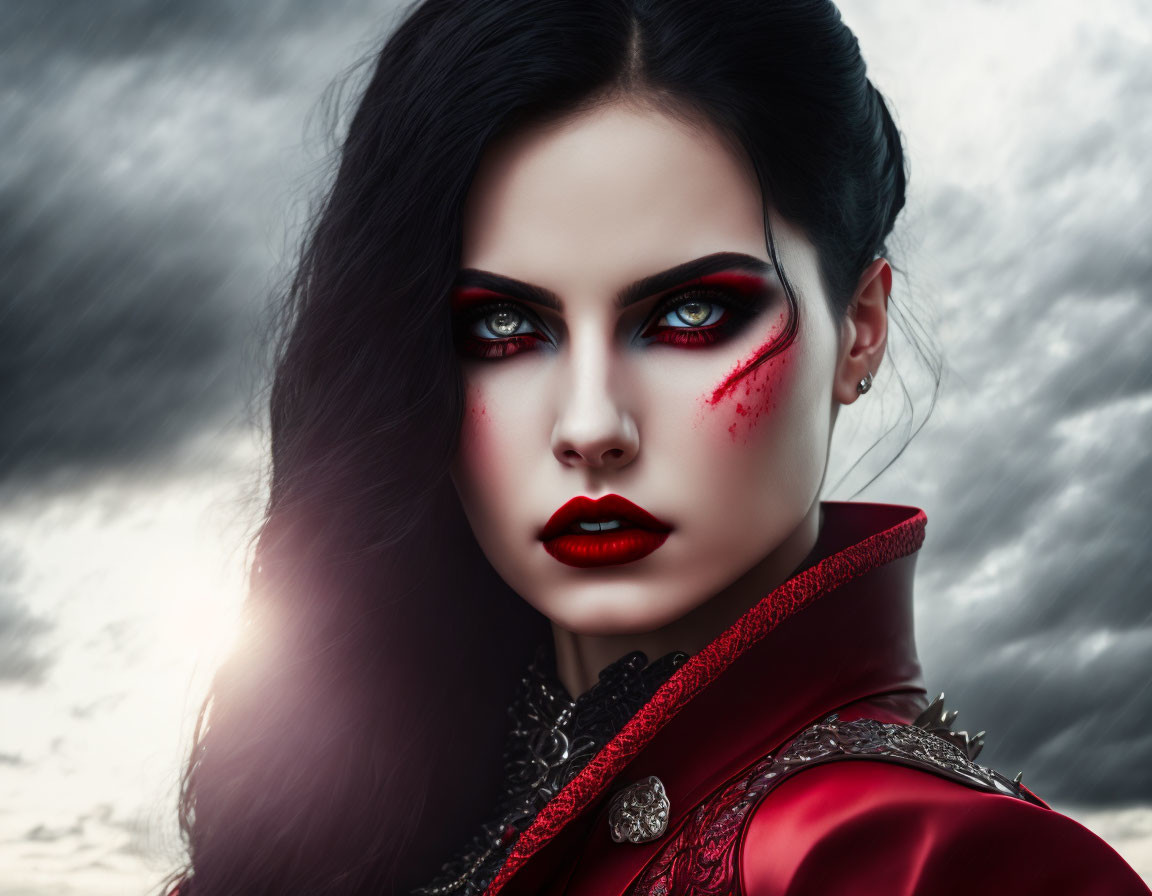 Digital artwork: Woman with red and black makeup and outfit under moody sky