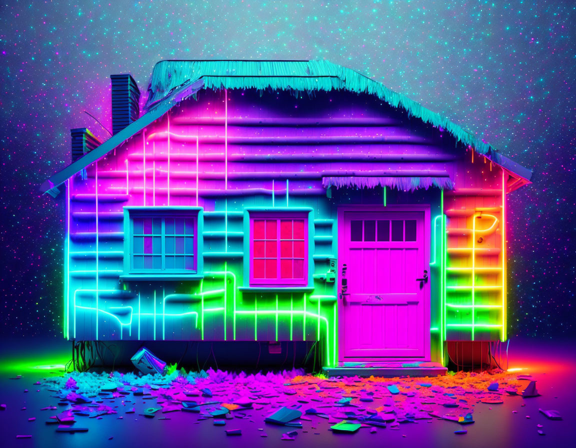 Vibrant neon-lit cabin under starry sky with pink, blue, green, and yellow