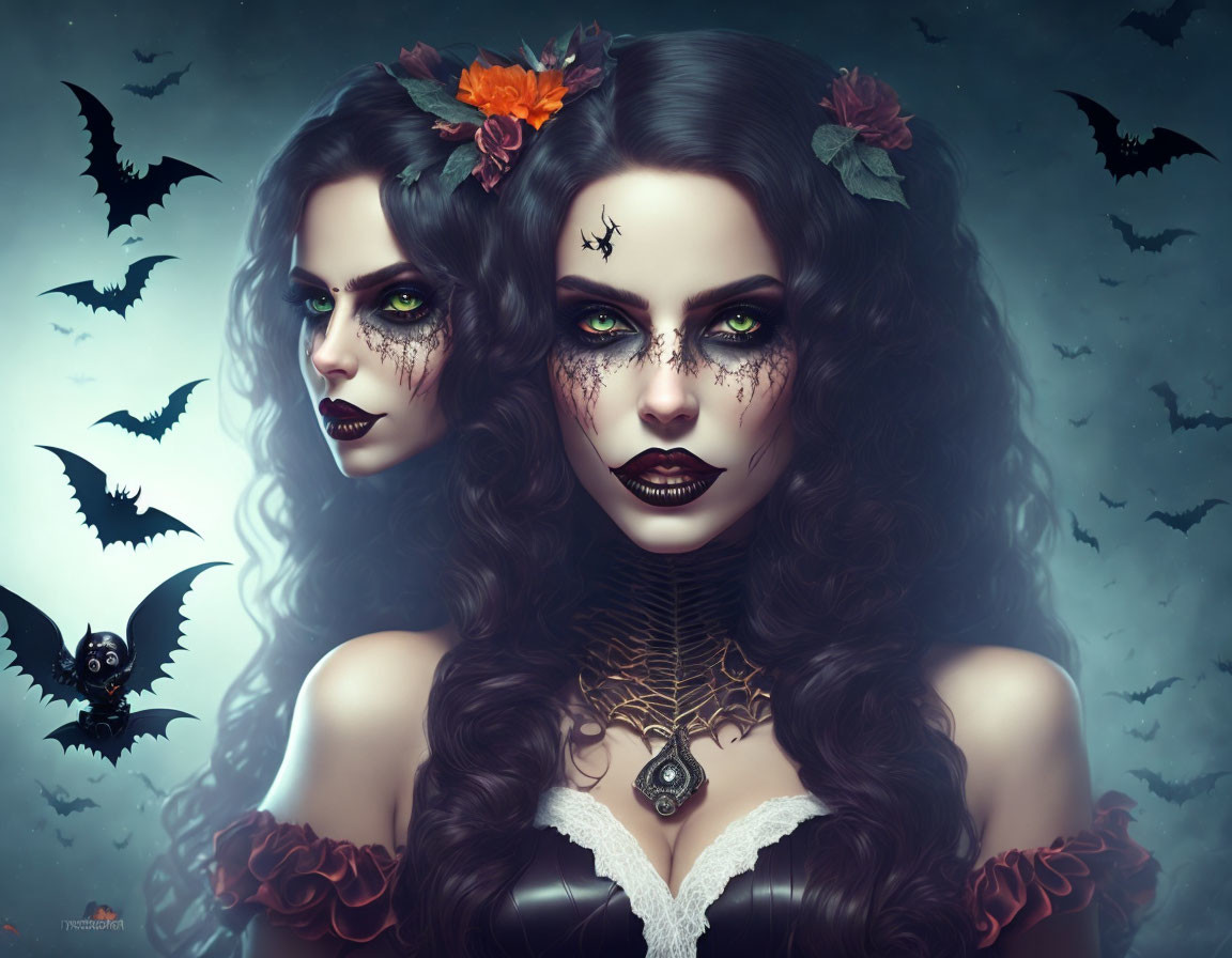 Gothic women with dark hair, pale skin, intricate makeup, and bats.