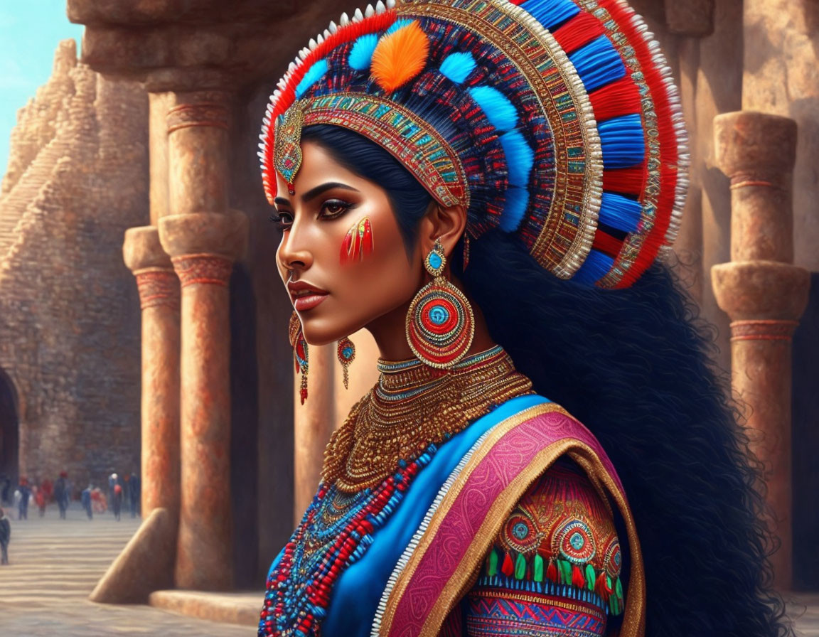 Vibrant digital artwork of woman in traditional attire against ancient city backdrop