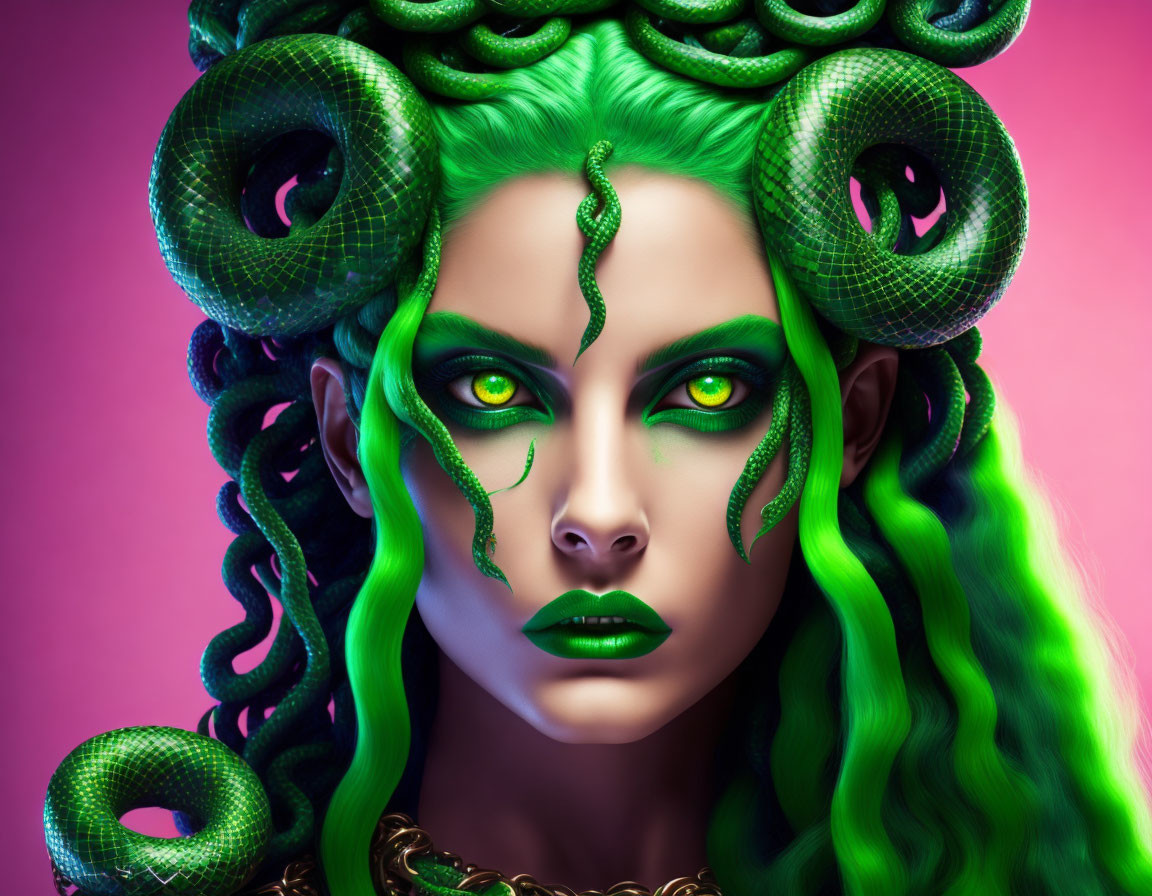 Woman with Serpentine Features: Green Scales, Hair, and Eyes