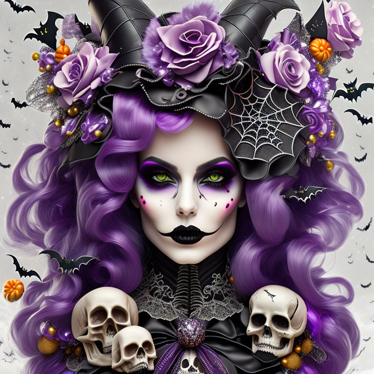 Gothic fantasy character with purple hair, black witch hat, roses, spiderweb, and skulls