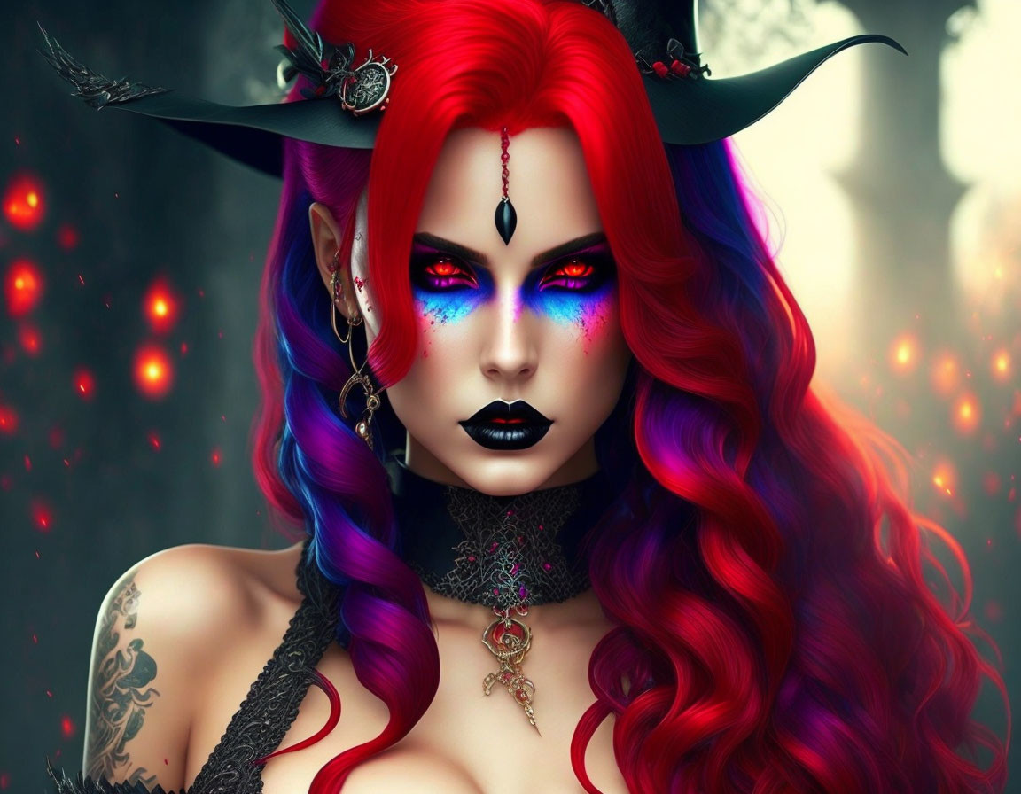 Fantasy character with red and purple hair, elf-like ears, horned headpiece, vivid makeup