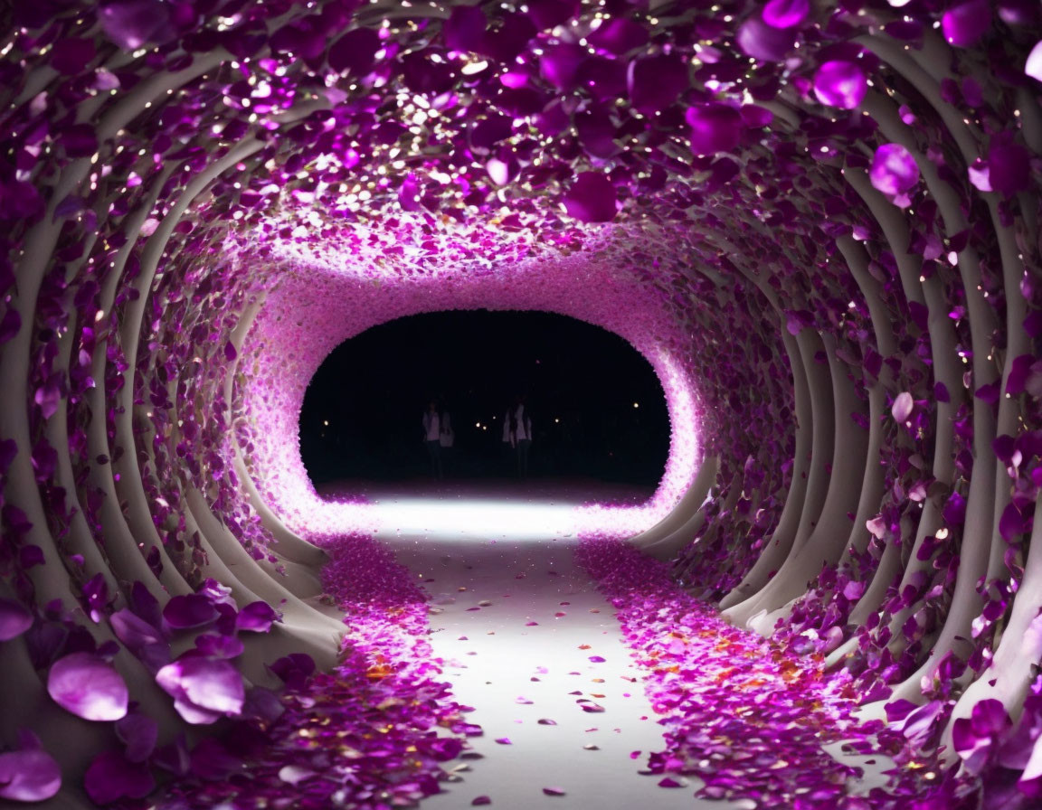 Pink petal-adorned tunnel with gentle illumination: a romantic and whimsical walkway