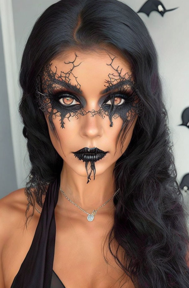 Dark-haired woman with Halloween spider web makeup and bat decorations