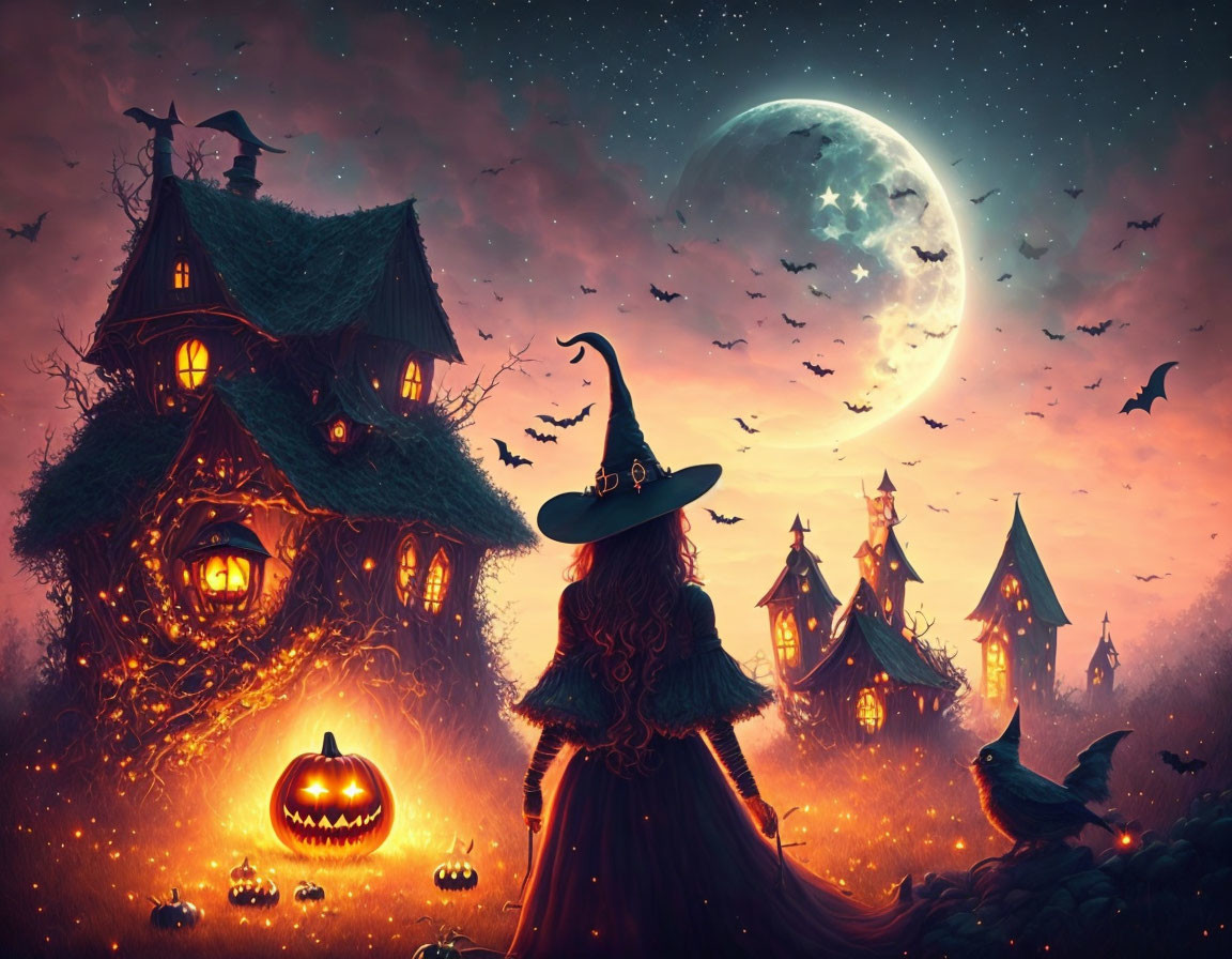 Spooky witch with pumpkin in front of haunted house under full moon