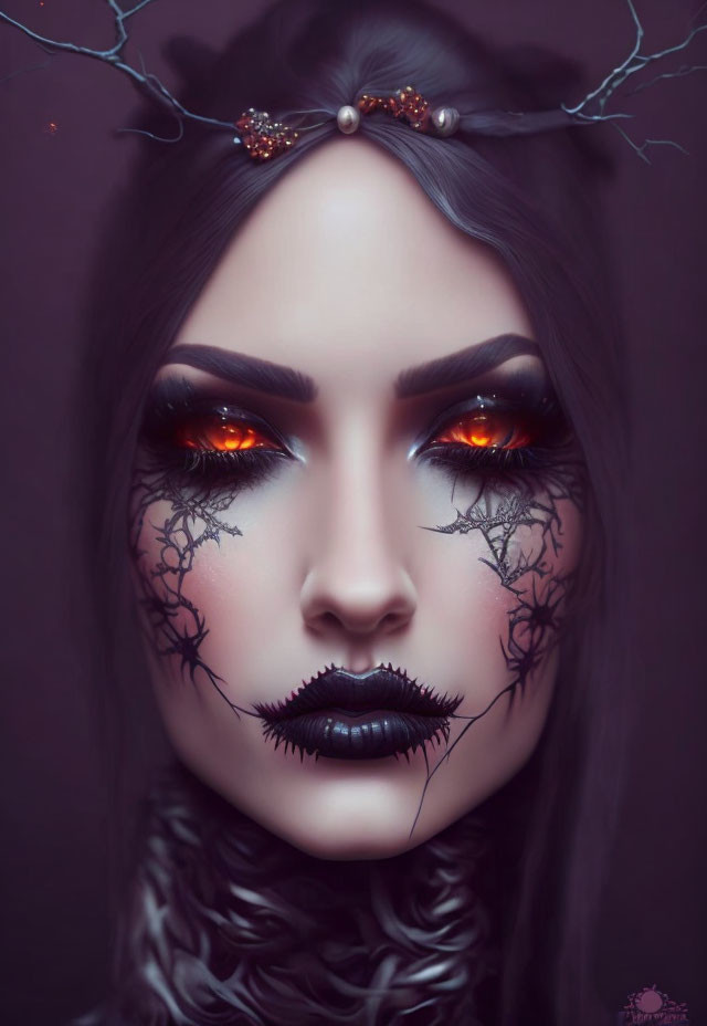 Portrait of a person with intense orange eyes and dark lipstick.