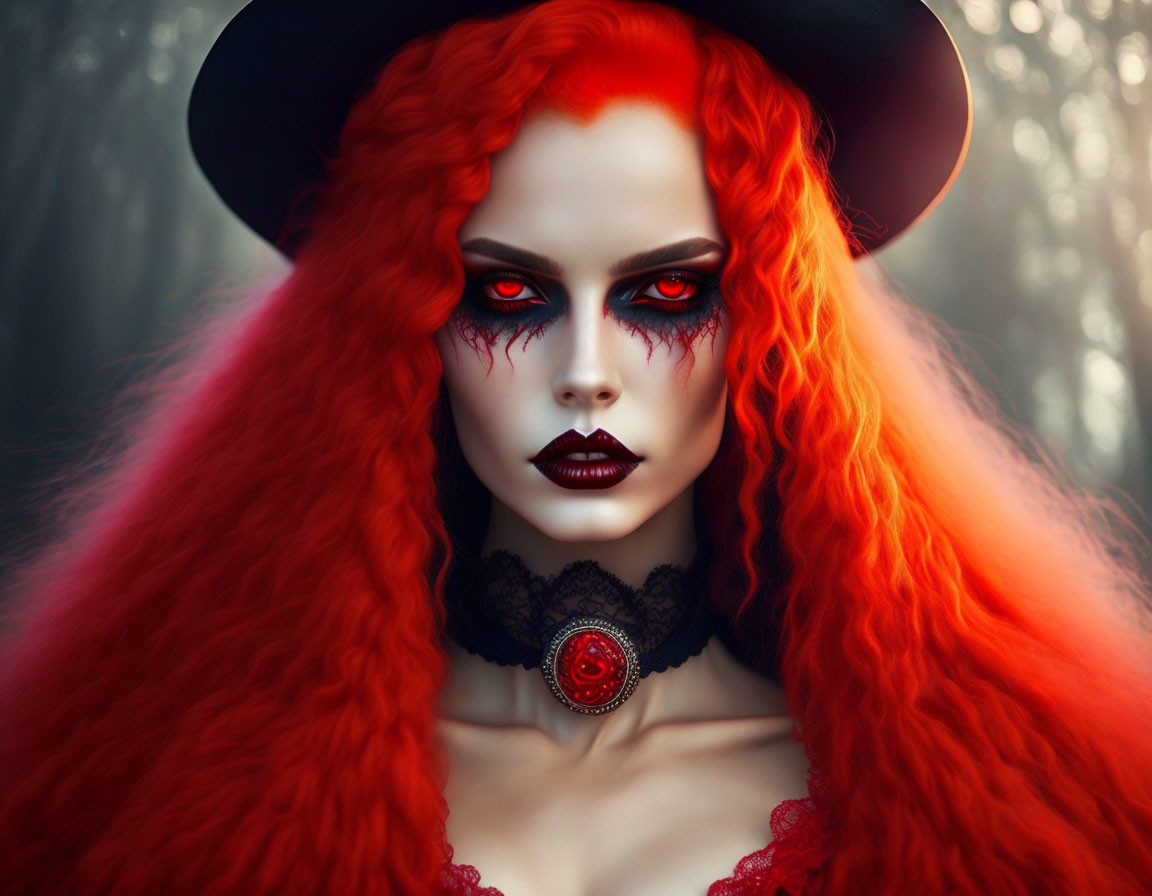 Red-haired woman in black hat and gothic attire in misty forest setting