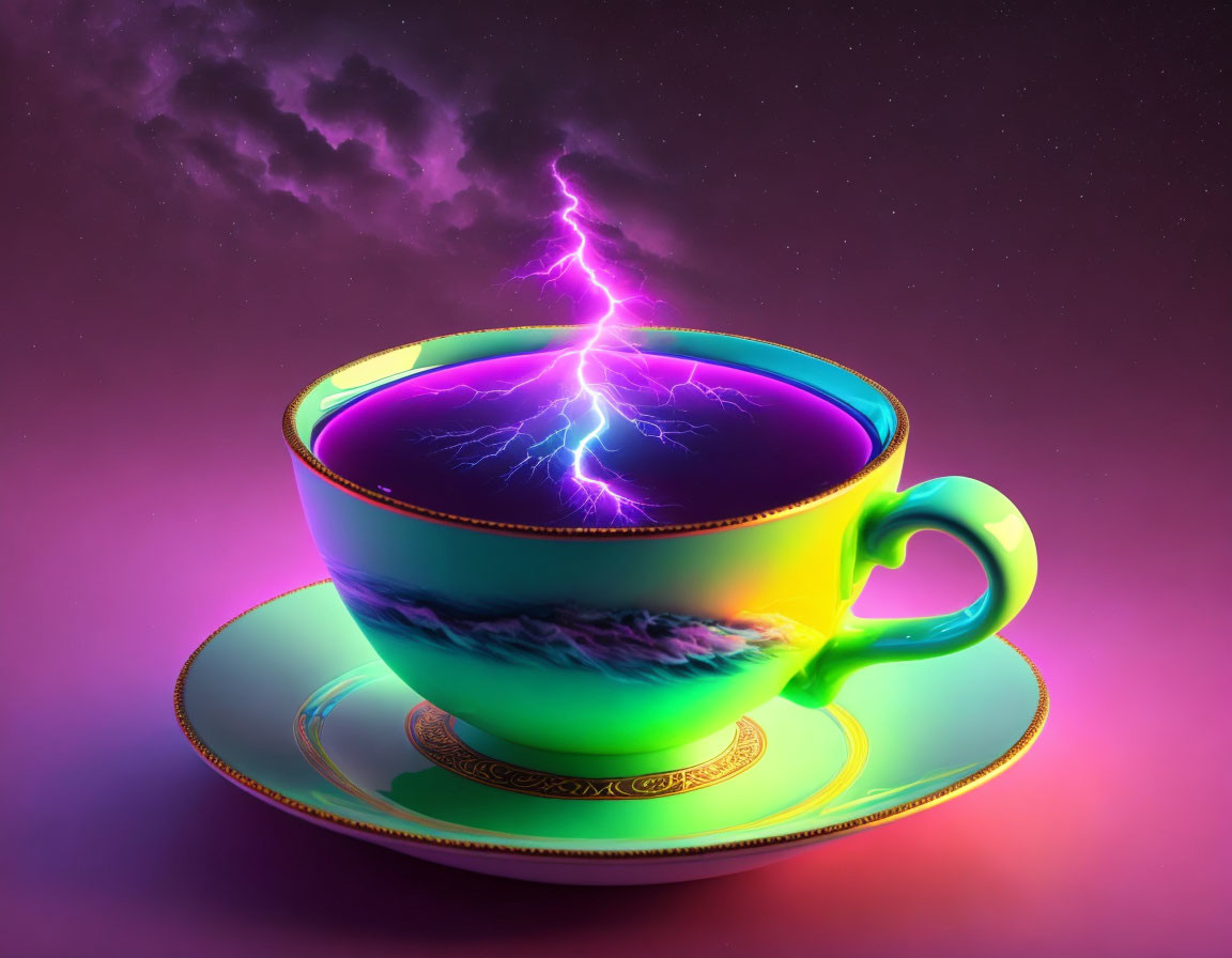 Colorful Cup and Saucer with Storm and Lightning on Purple Background