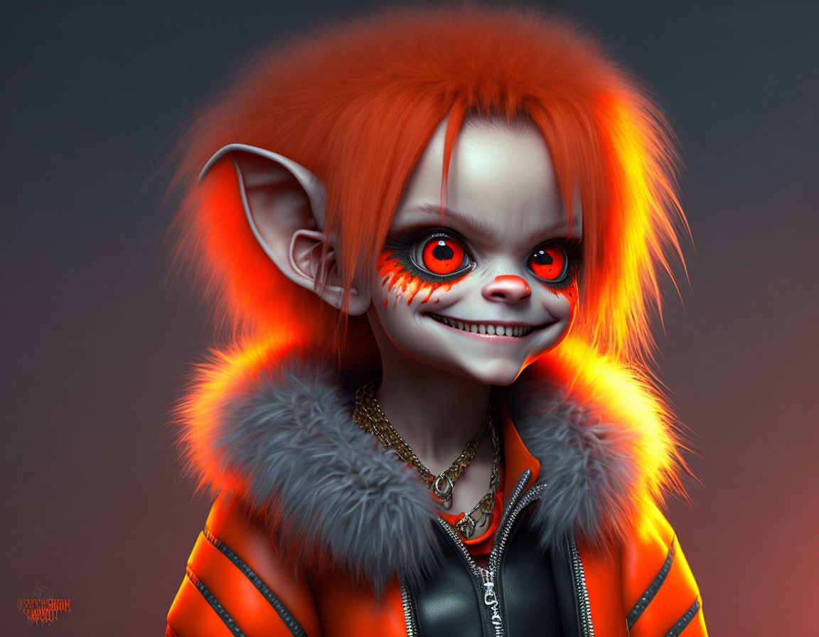 3D illustration of mischievous character with orange hair and glowing red eyes