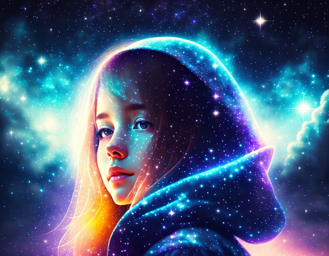 Digital artwork: Woman in cosmic hoodie against starry night sky