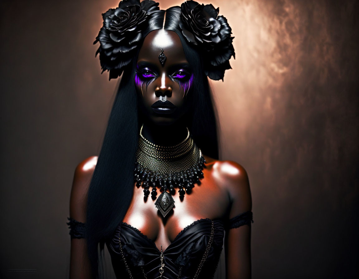 Portrait of person with dark skin, purple eyes, gothic attire, black roses, and necklaces