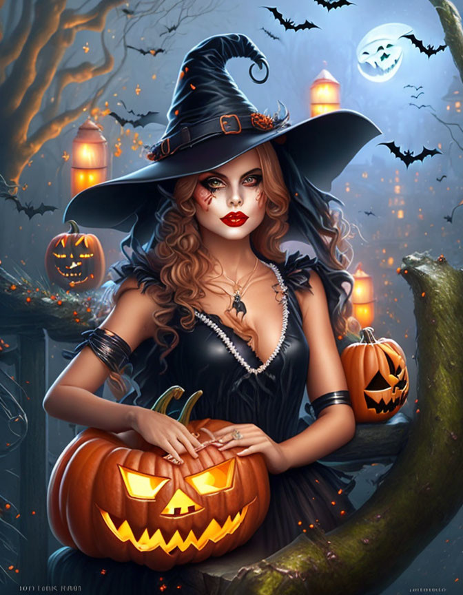 Woman in witch costume with black hat and pumpkin in spooky night scene.