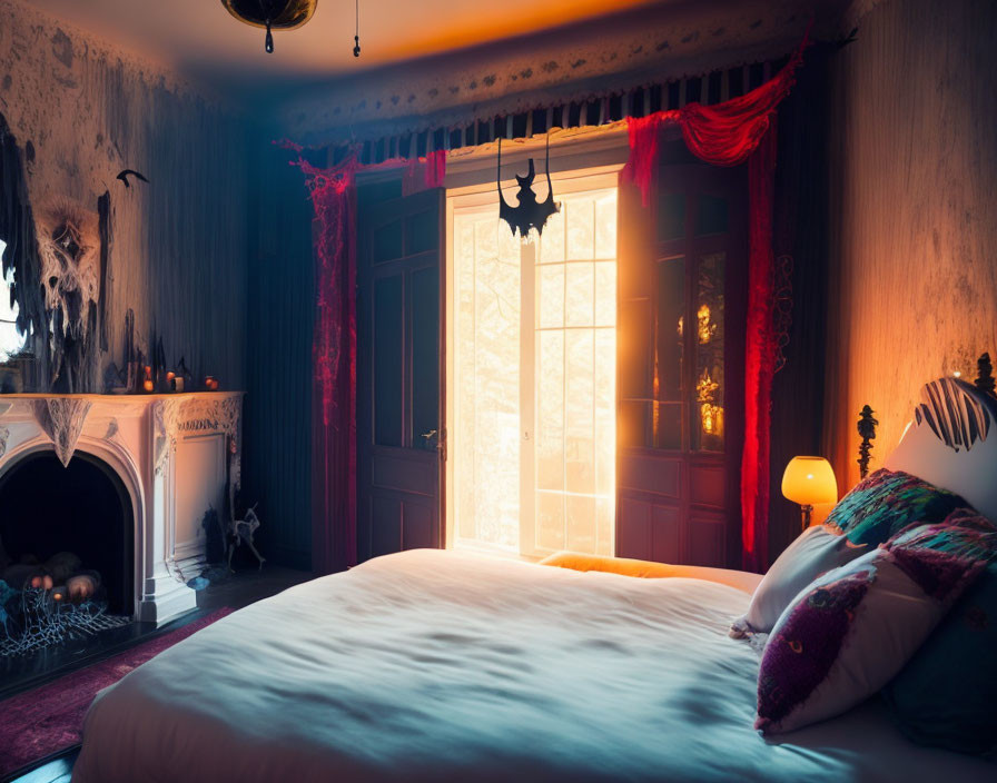 Vintage bedroom with fireplace, red drapes, and sunset glow