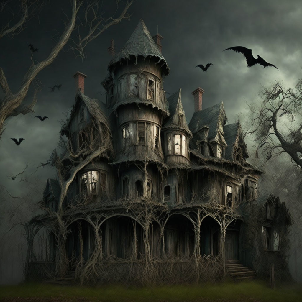 Gothic-style haunted house with twisted trees, overgrown vines, flying bats