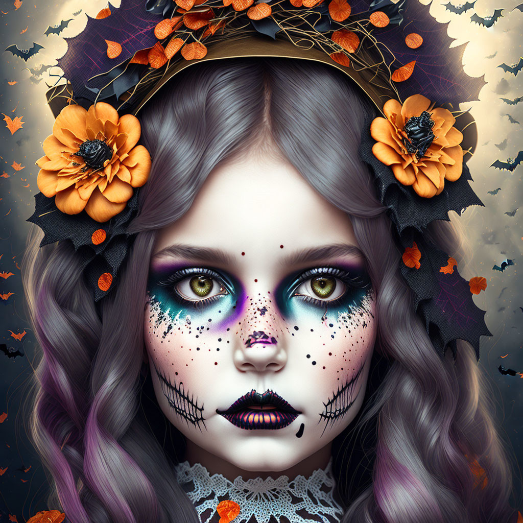 Girl with Halloween makeup, purple hair, orange flowers, bats, and butterflies