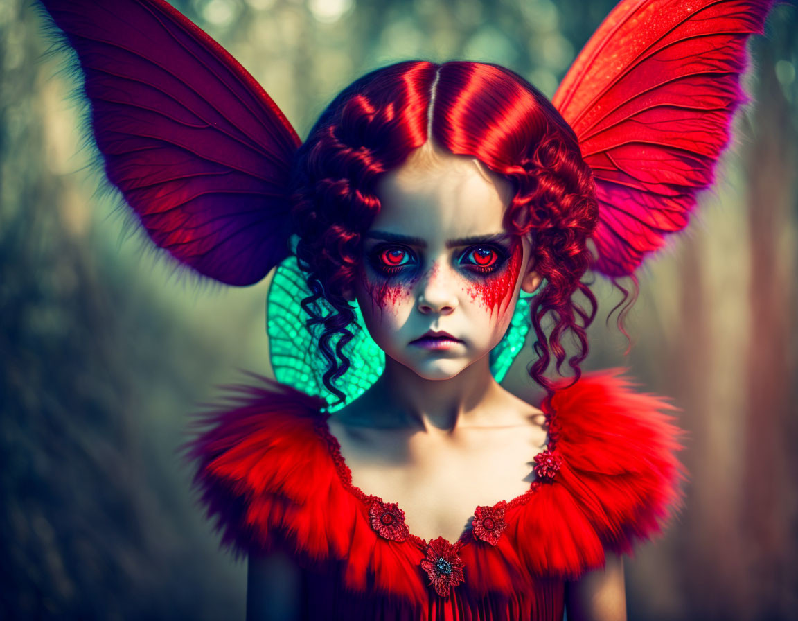 Red-haired child with butterfly wings and vibrant makeup in matching dress