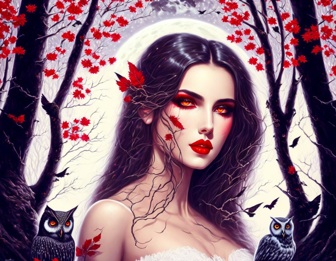 Digital artwork: Woman with dark hair and red lips in autumn setting with owls and moonlit background