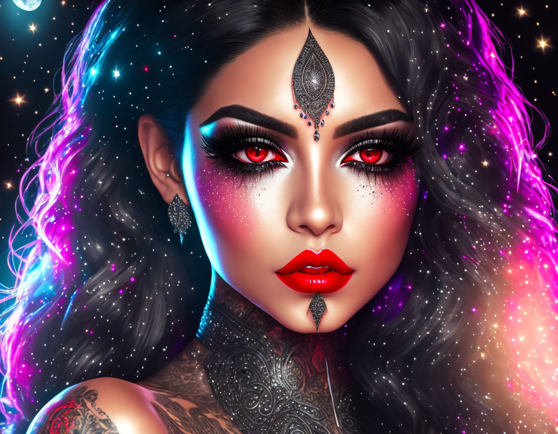 Digital Artwork: Woman with Striking Makeup, Forehead Jewel, Tattoos, Cosmic Background