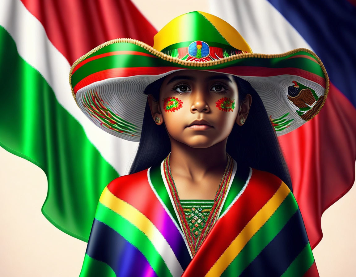 Young girl in colorful sombrero and serape with Mexican flag face paint against blurred flag backdrop