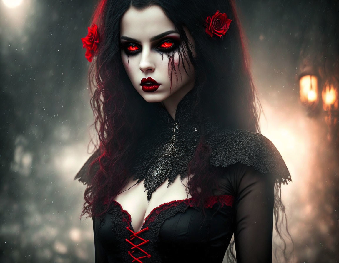 Gothic woman with red eyes and roses in her hair in misty setting