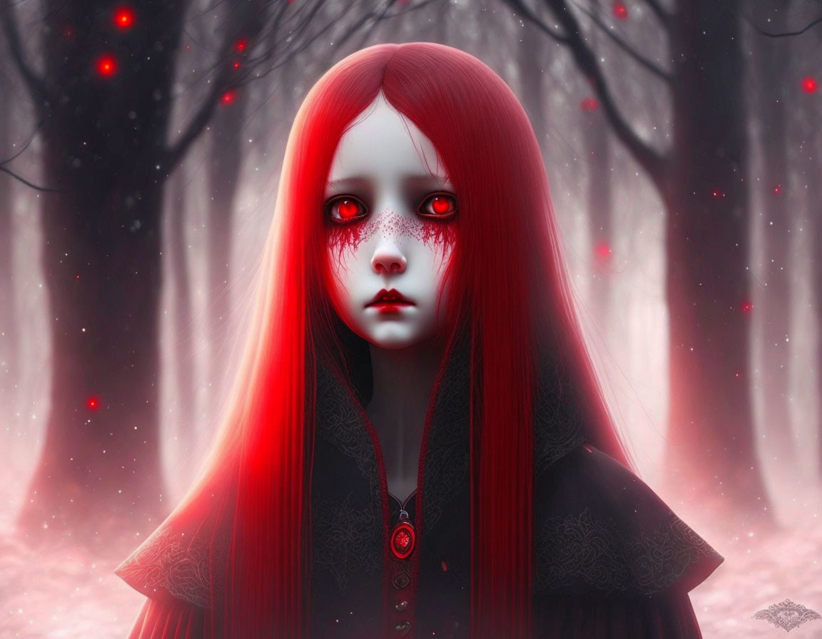 Digital artwork: Girl with long red hair in misty red forest