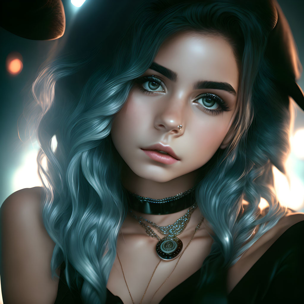 Portrait of woman with blue wavy hair, green eyes, nose ring, layered necklace on dark background