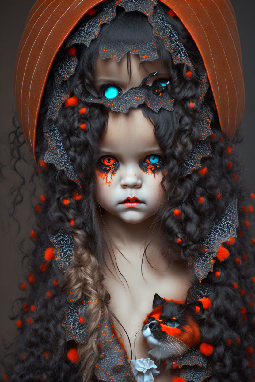 Surreal portrait of a girl with deep blue eyes and whimsical hat, adorned with orange accents