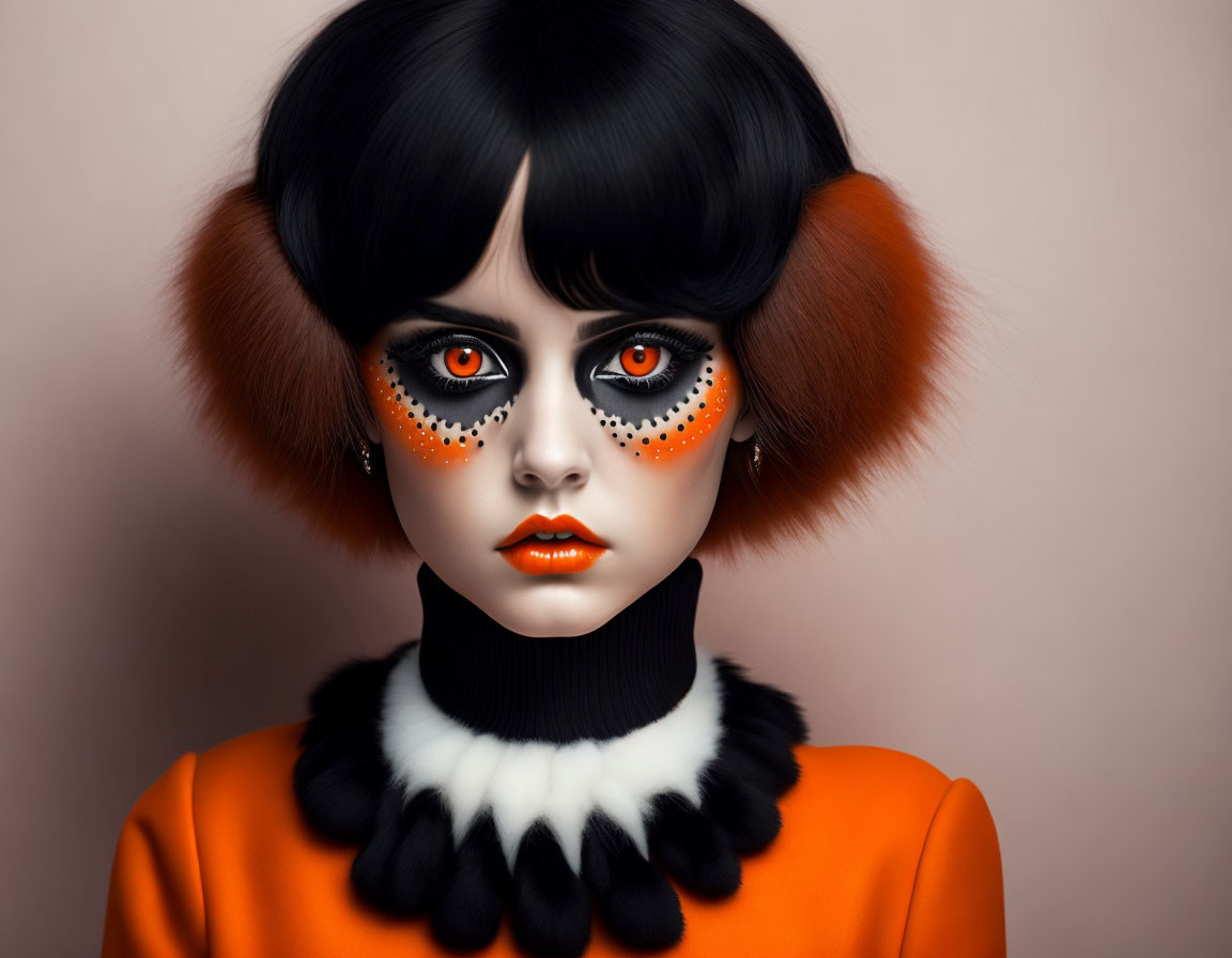 Person with Dramatic Orange and White Makeup and Attire