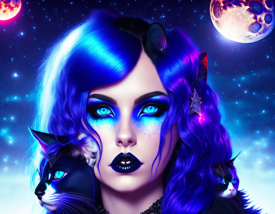 Vibrant blue hair woman portrait with black cats in cosmic setting