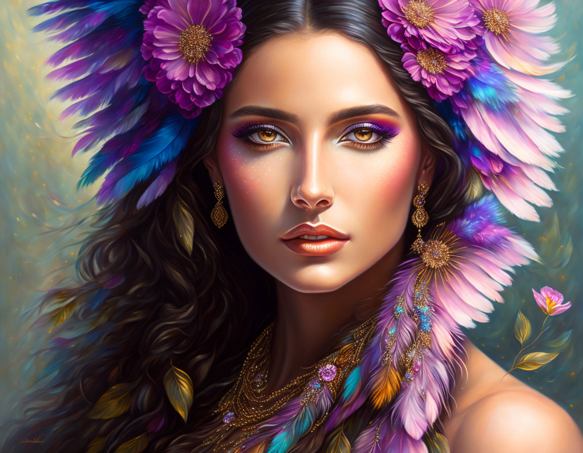 Woman with Long Curly Hair Adorned with Purple Flowers and Feathers in Digital Painting