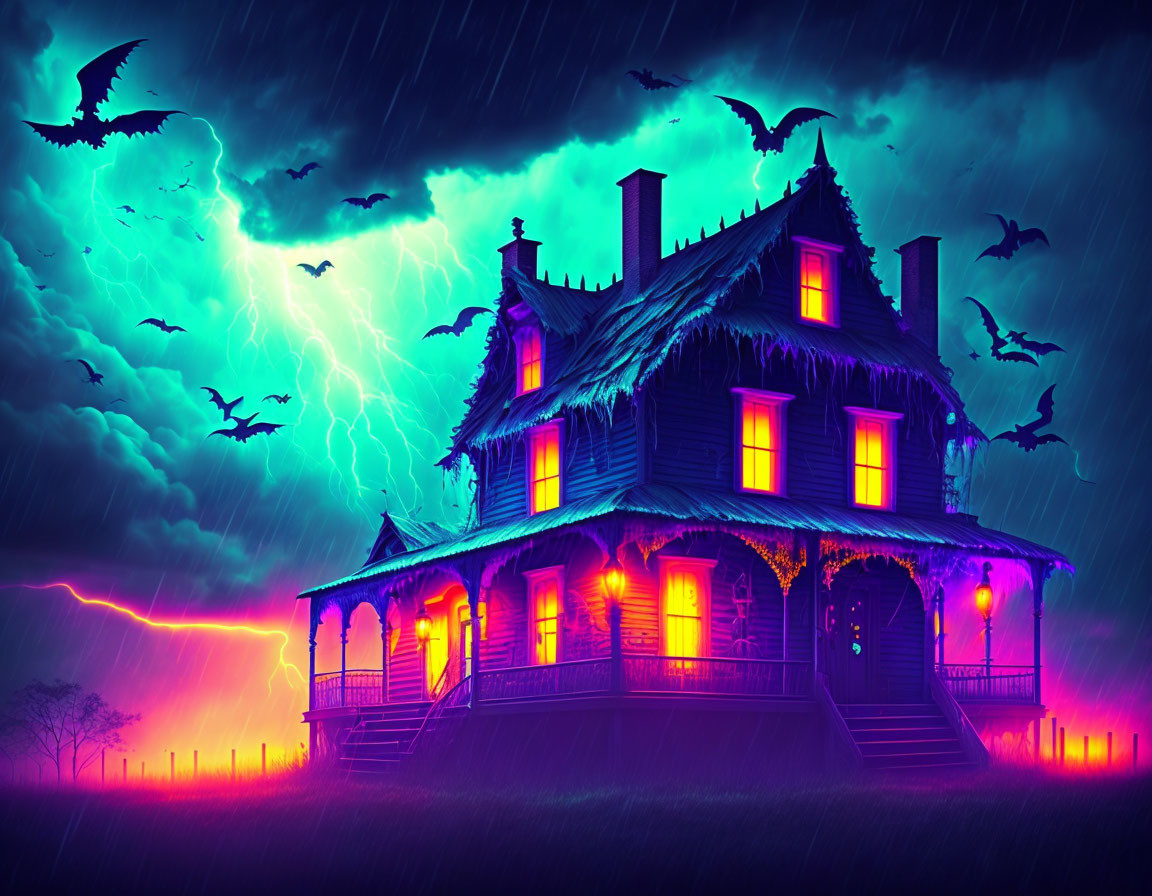 Eerie Haunted House in Stormy Sky with Bats and Glowing Lights